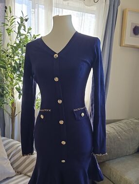 Fashion Nova Navy Blue Long Sleeve Button Front Knit Dress